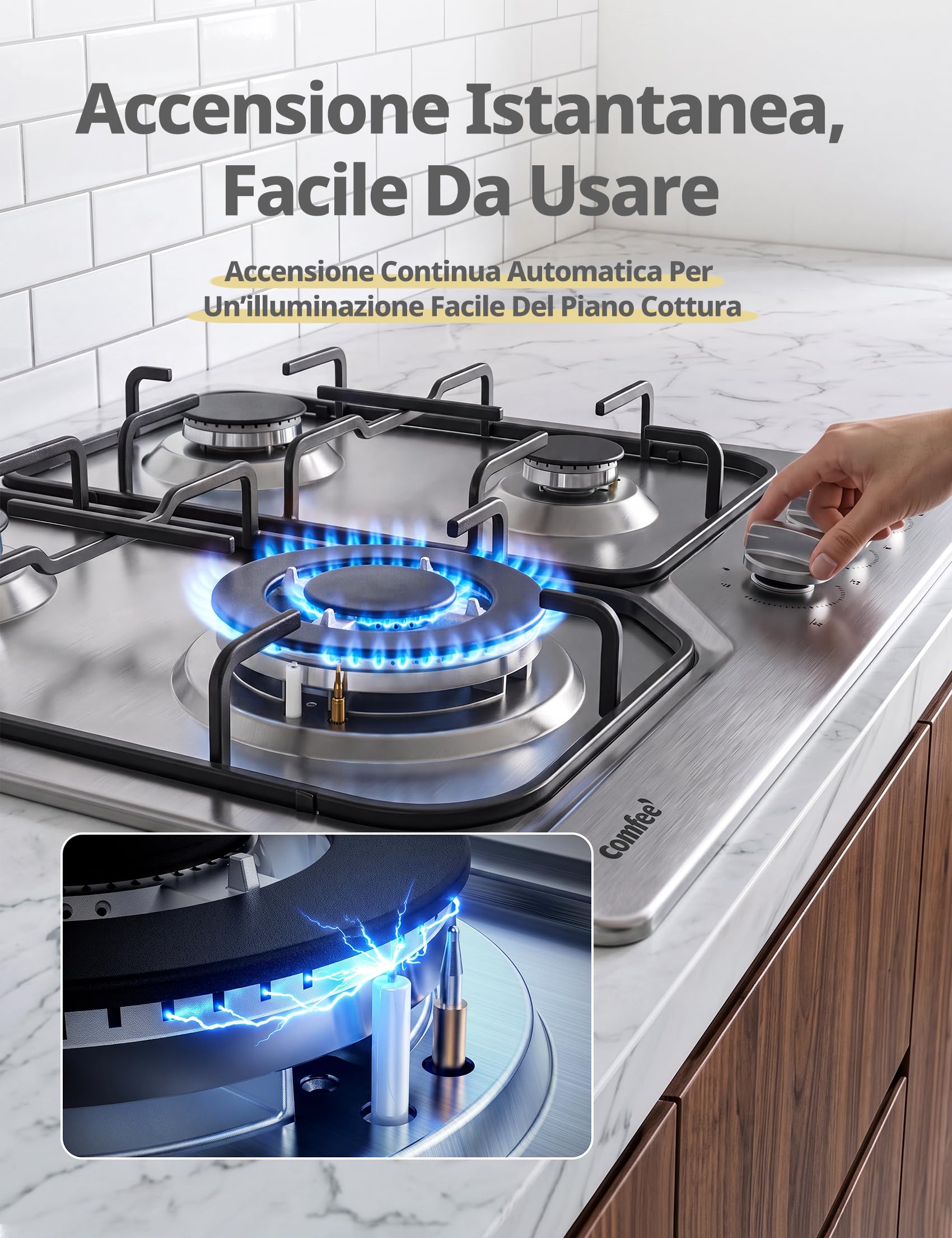 COMFEE CGH610X Piano Cottura a Gas da Incasso 4 Fuochi, 60 cm Acciaio Inox, Griglie in Ghisa, Termosicurezza Gas, Superficie Facile da Pulire