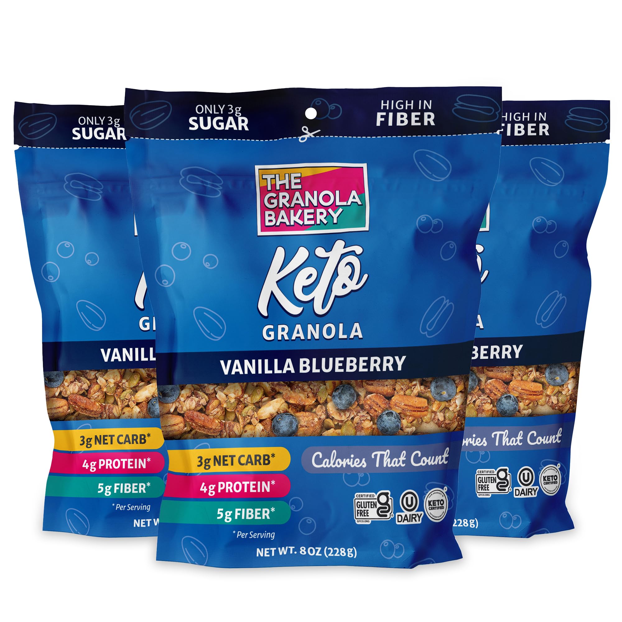 TGB Blueberry Keto Granola, 1g Net Carb, No Added Sugar, High Fiber, Gluten Free, Grain Free, Healthy Low Carb Snack, 8oz Resealable Cereal Bag (Pack of 3)