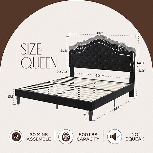 Miniatura 2 de WEEWAY Base de cama Queen con cabecero curvado de tiara ajustable de terciopelo y alta resistencia, plataforma tapizada con botones de diamante con