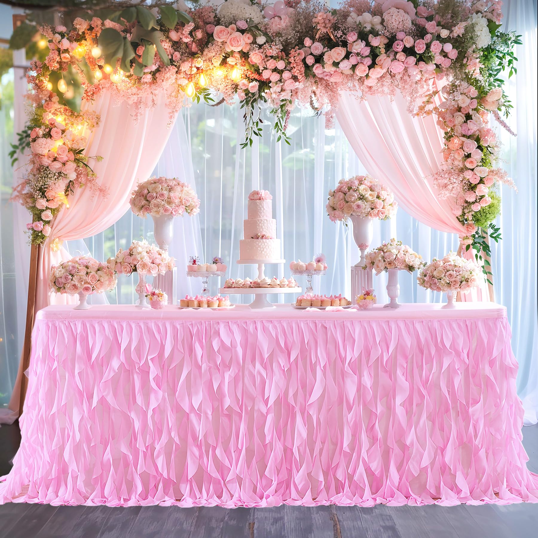 PARTISKY Gonna da tavolo in tulle rosa riccio in salice per tavolo rettangolare da 5,2 m, con volant, per baby shower, feste di compleanno e torte