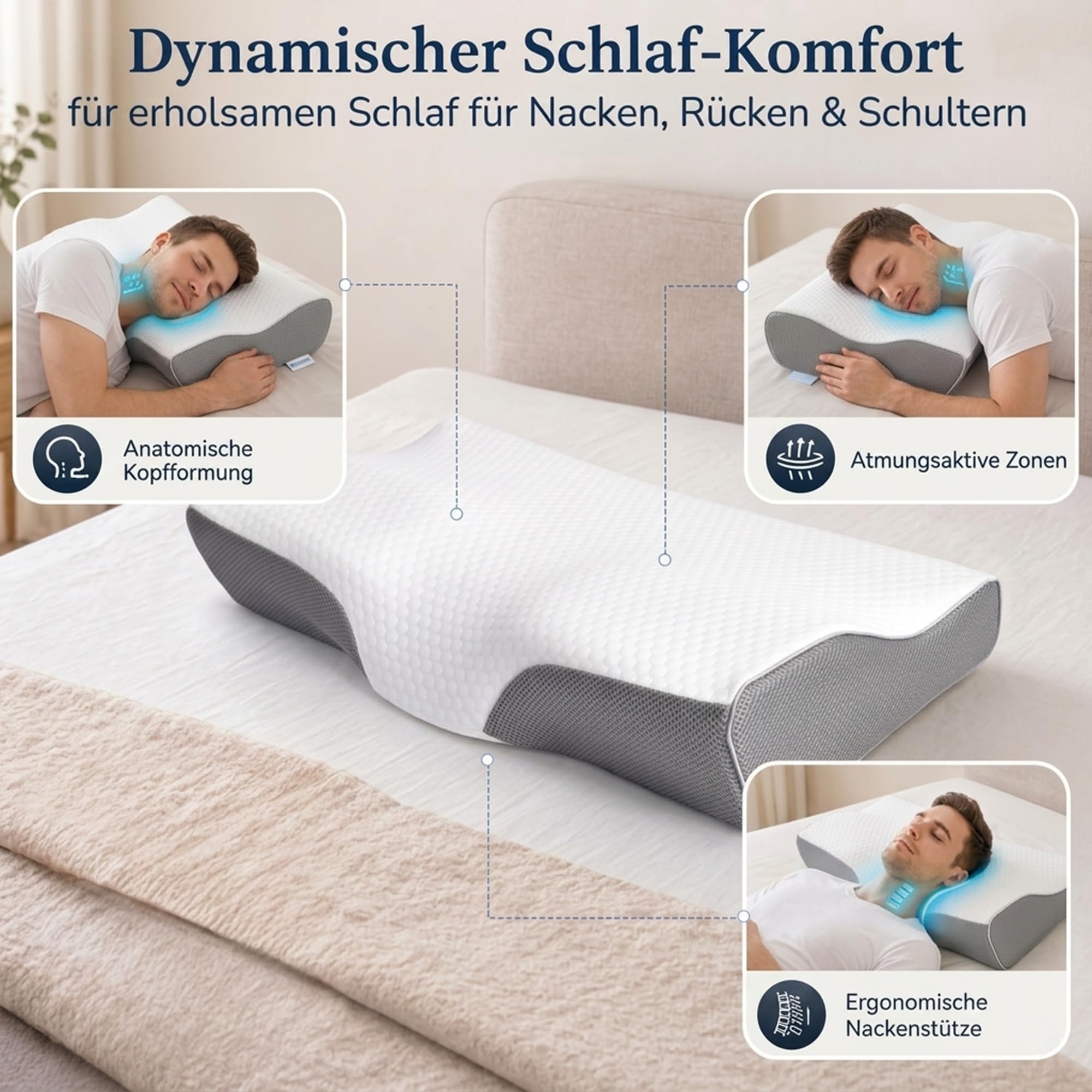 Nackenkissen Orthopädisch – Ergonomisches Kopfkissen & Nackenstützkissen gegen Nackenschmerzen – Memory Foam Schlafkissen & Anti Schnarch Kissen