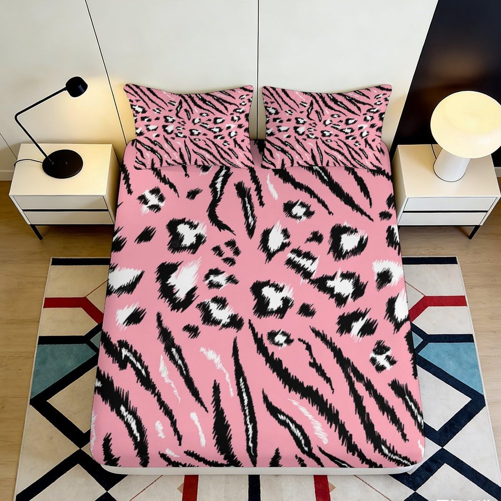 Decorative Pink Leopard Pattern Fitted Sheet 3D Printed Soft Touch Microfiber Bed Cover for Bedroom Guest Room Apartment Bedding 90x200x25cm