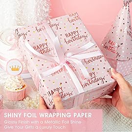 MAYPLUSS Reversible Pink Birthday Wrapping Paper Roll, Girl Gift Wrapping Paper, Metallic Foil Happy Birthday Pattern Girly Gift Wrap for Gift Packaging, Women Party, Celebrations (17 Inch x 33 Feet)