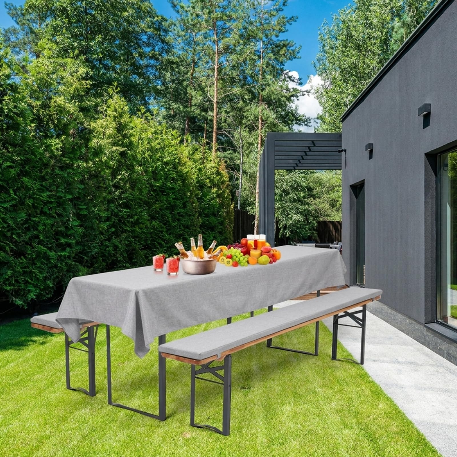 2er-Pack 220x25x3cm XL waschbar Bierbankauflage Gepolstert und 1 Packung 250x100cm Rechteck Polyester Bier Tischdecken für Party Outdoor & Indoor Gebrauch (Hellgrau,Wasserdicht)