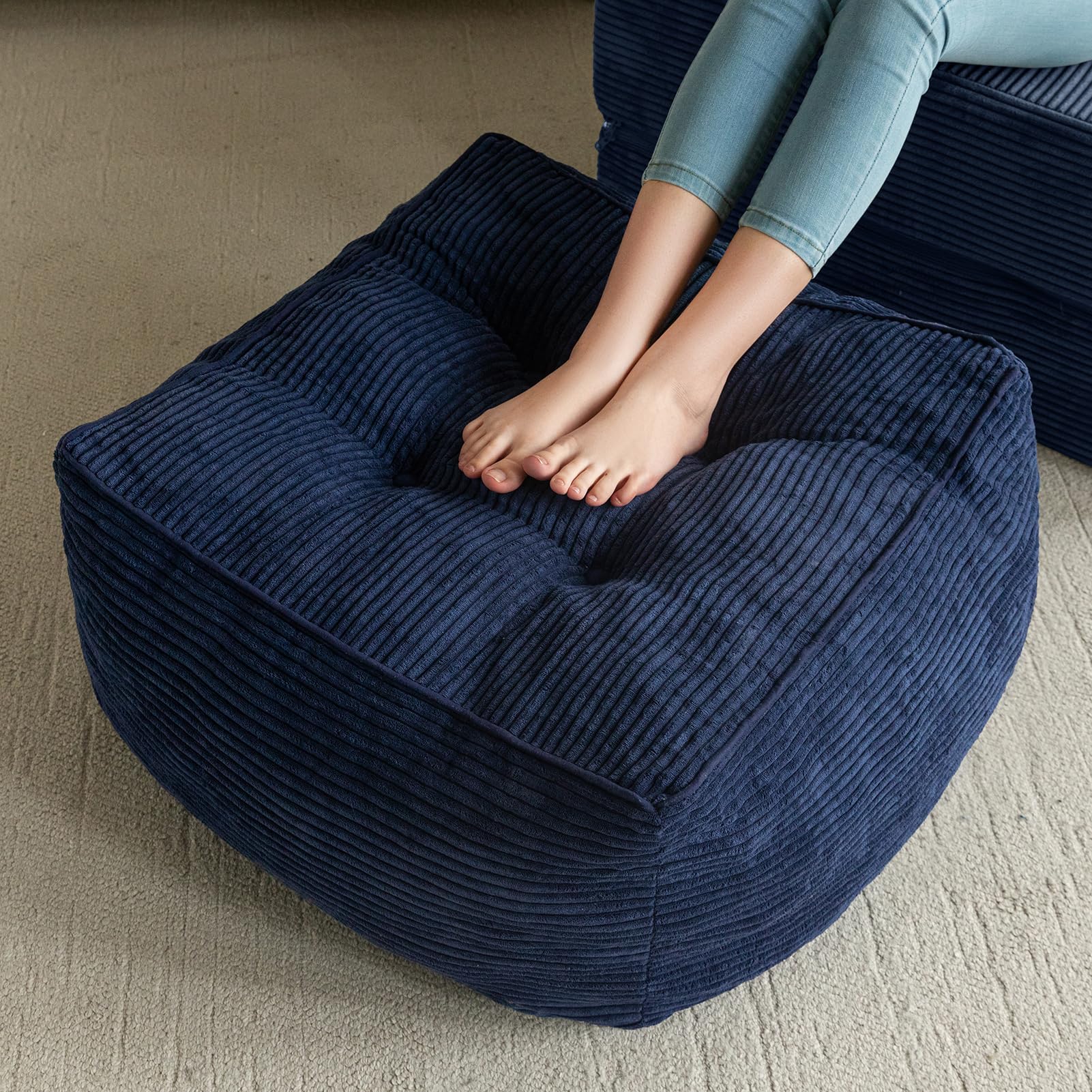 HIGOGOGO Square Stuffed Pouf Ottoman, Corduroy Poufs with Foam Chunk Filling, Furry and Fluffy Pouf Foot Stool Storage Ottoman, 25.6 X 25.6 Floor
