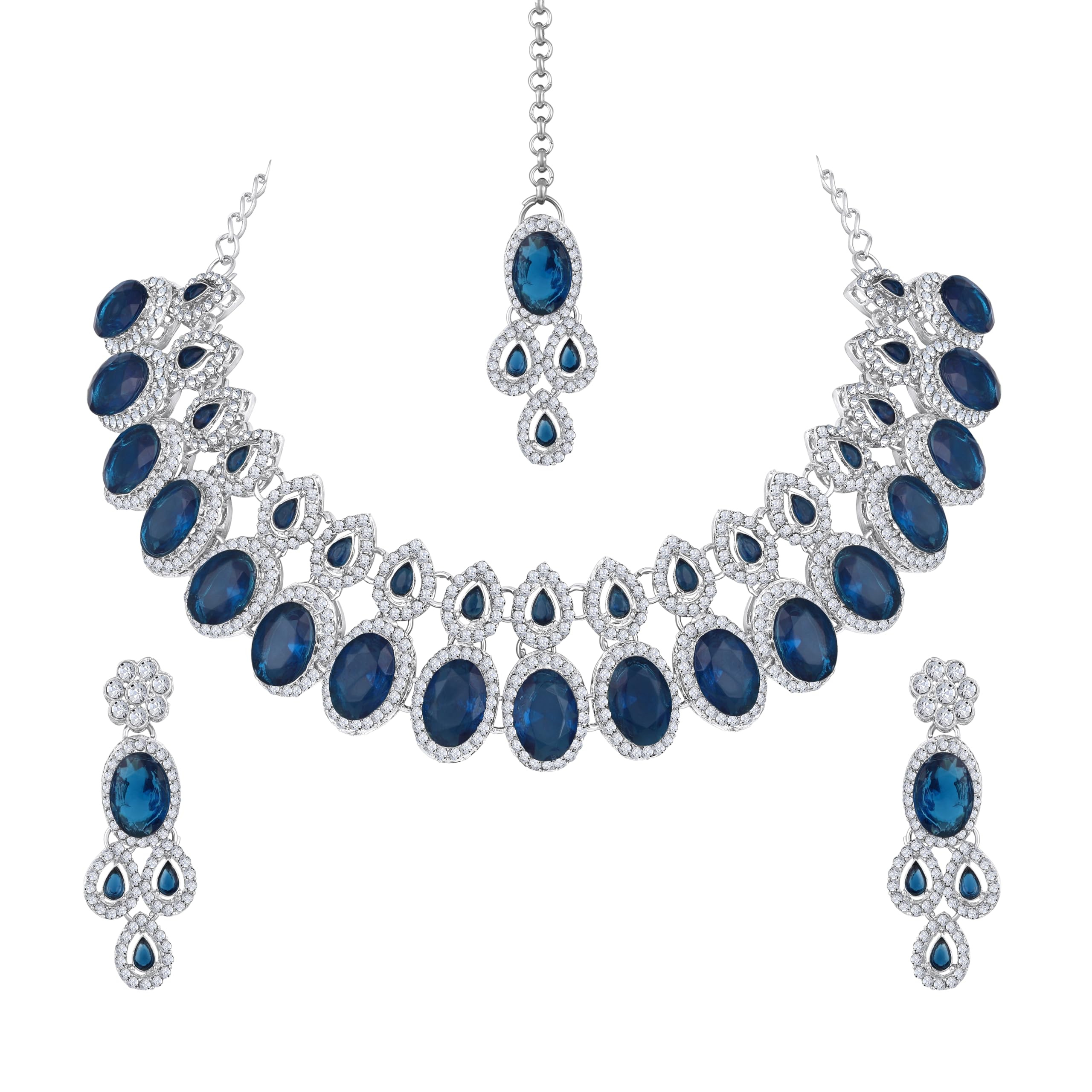 AD Diamond Kundan Style Silver Plated with Earrings and Maang Tika Jewellery Set for Women-image-33