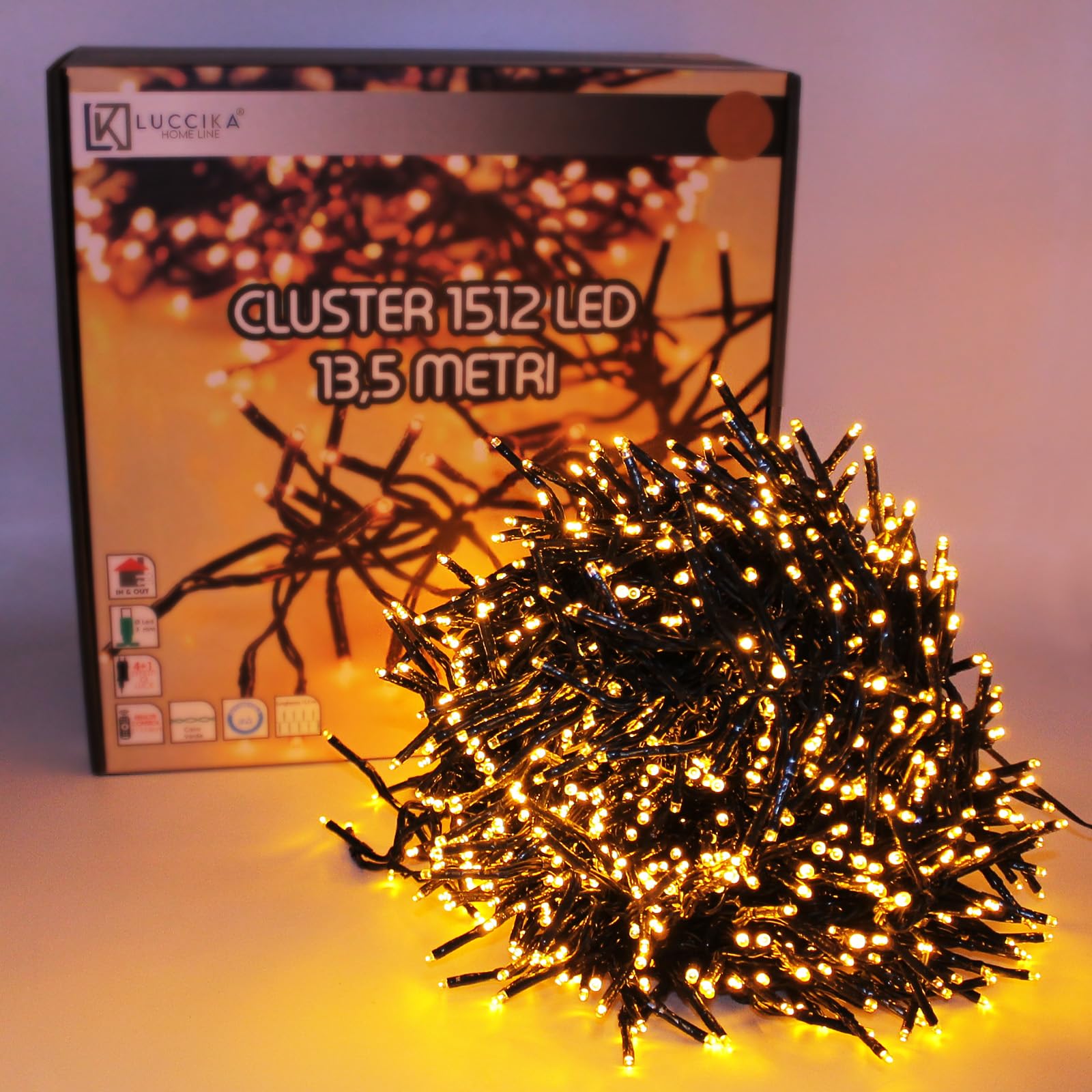 Luccika, Luci a Grappolo Cluster Oro, 13,5 Metri, 1512 LED da Ø 3mm, Catena Luminosa per Albero di Natale, 4 Effetti di Luce, Telecomando, Timer, Cavo Verde IP44, Uso Interno/Esterno