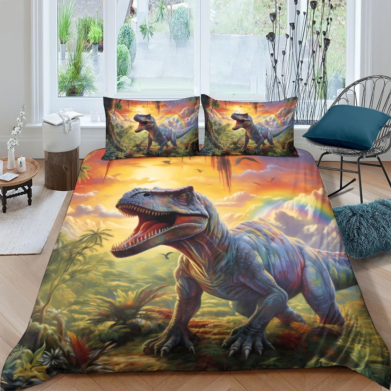 GPLZQXKJNH 3D Printed Jurassic Dinosaur Duvet Cover Microfiber Soft Breathable Sunset Forest Bedding Set with 2 Pillowcases for Bedroom Decor Single（135x200cm）