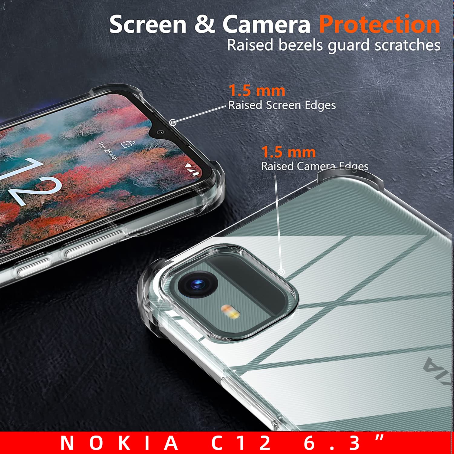 LCEHTOGYE Custodia per Nokia C12, PU Case Staffa Cover + 2 Pellicola Protettiva in Vetro Temperato per Nokia C12 -YSNQ- Marrone