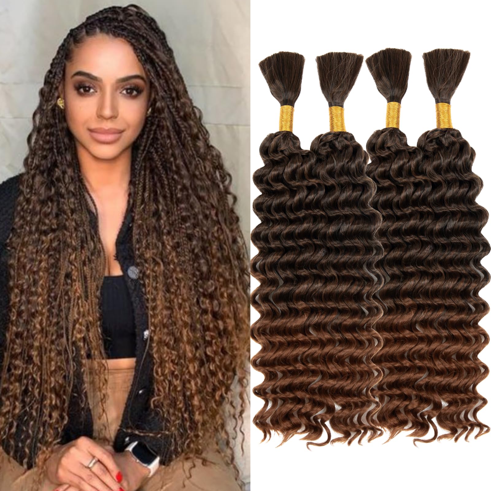 Braiding Hair 300g 4 Bundles/Pack 18 Inch Deep Wave Bohemian Braids for Curly Braiding Hair No Weft Natural Color, Boho Braids Hair Water Wave（T30#）