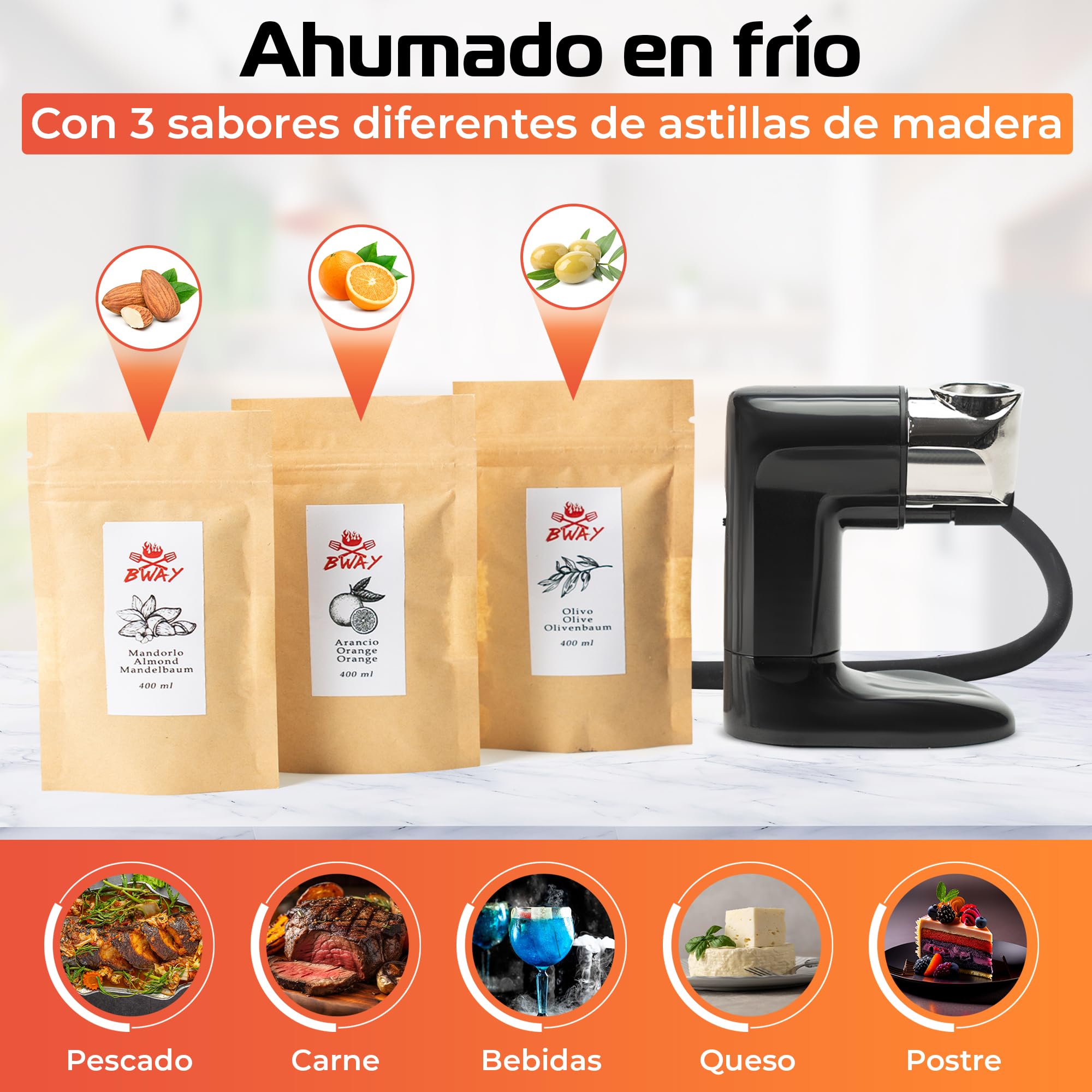 BWAY Ahumador de Alimentos en Frío - Ahumador de Carne con 3 Paquetes de Madera y eBook de 20 Recetas Incluido - Smoker Portátil Ideal para Queso, Pescado y Cócteles