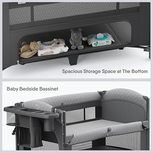 Miniatura 5 de Cuna 4 en 1, para empacar y jugar, para cuna de noche, cambiador de pañales, viene con colchón, mosquitera, almacenamiento inferior y barra de