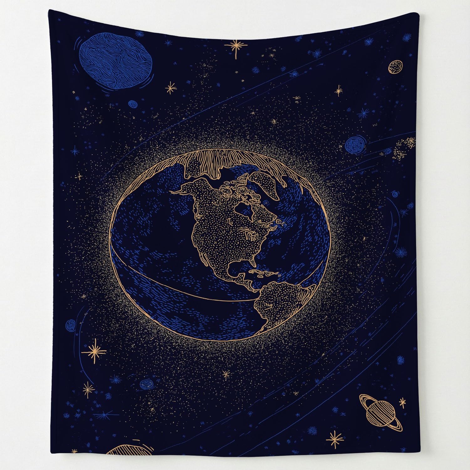 Miękki koc polarowy – 150 x 150 cm, przytulny, flanelowy, pluszowy, puszysty, narzuta na sofę, łóżko, kanapę lub krzesło, niebieski złoty, fantastyczny, tajemnicza przestrzeń, ziemia, prezent dla