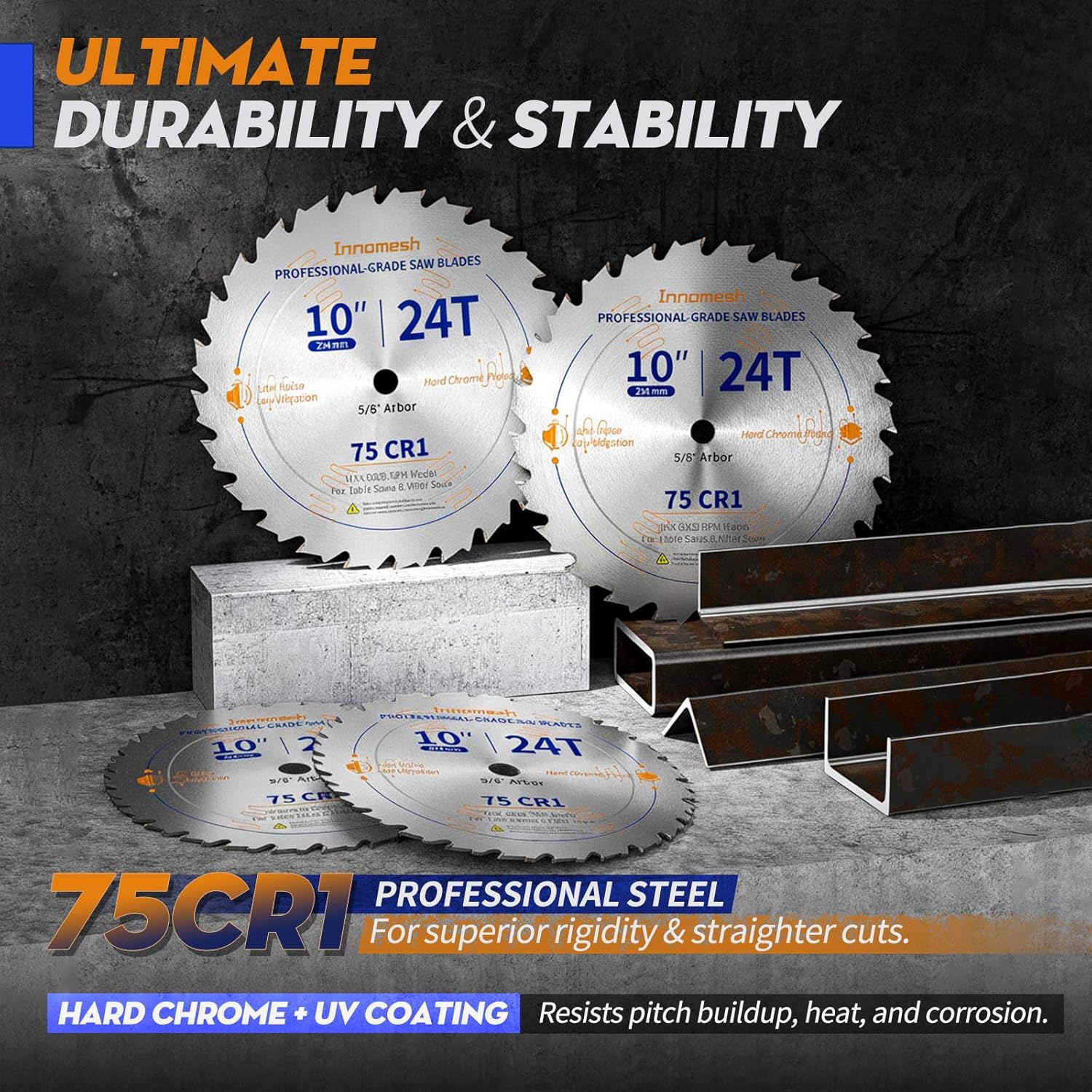 10 Inch Table Saw Blade 24 Teeth,T24 Rip Blade for Table Saw & Miter Saw,75Cr1 Professional Plate, Hard Chrome+UV Coating,12 Anti-Vibration Filled Slots,10" Saw Blade for Hardwood & Softwood,1 Pack
