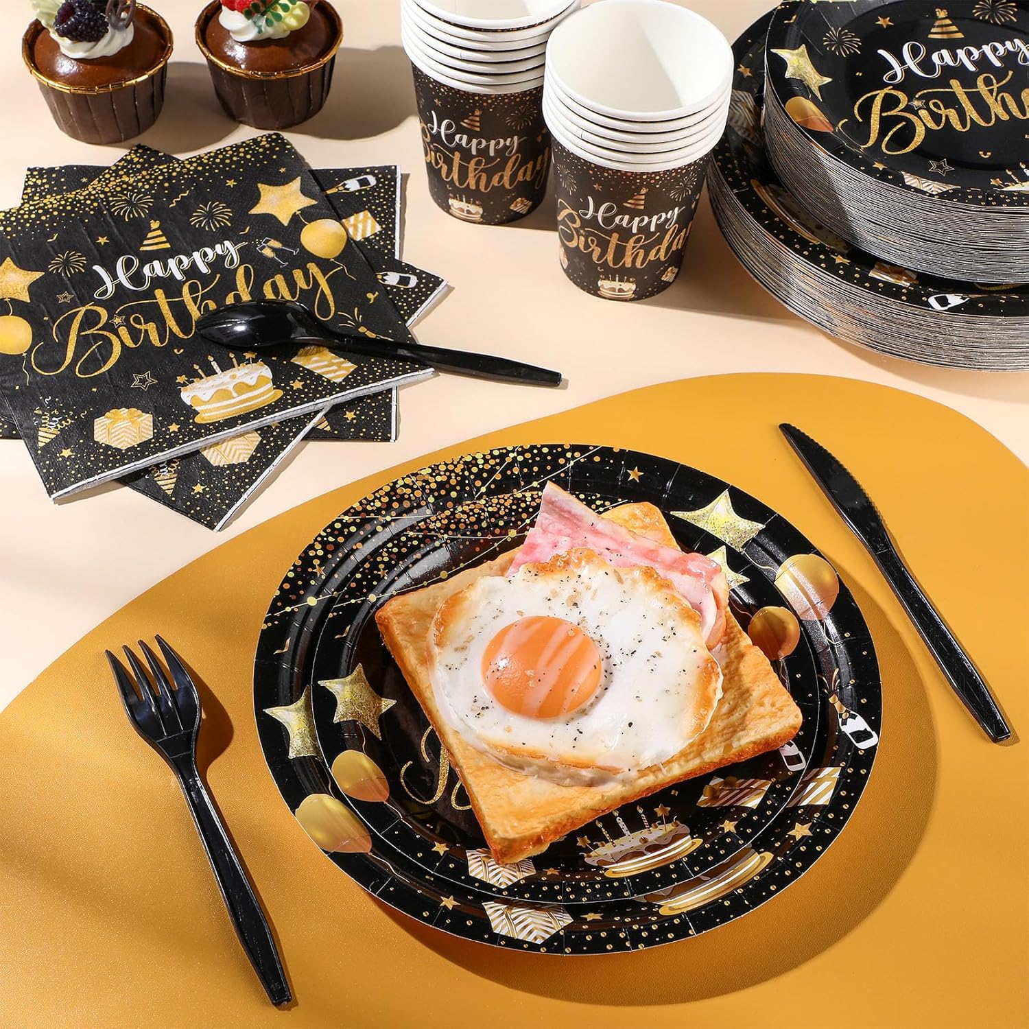 Vesici 350 Pcs Happy Birthday Party Supplies Disposable Party Tableware Set Serves 50 Included Plates Napkins Cups Cutlery for Men Woman 50th 80th Birthday Party Decorations (Black Gold)