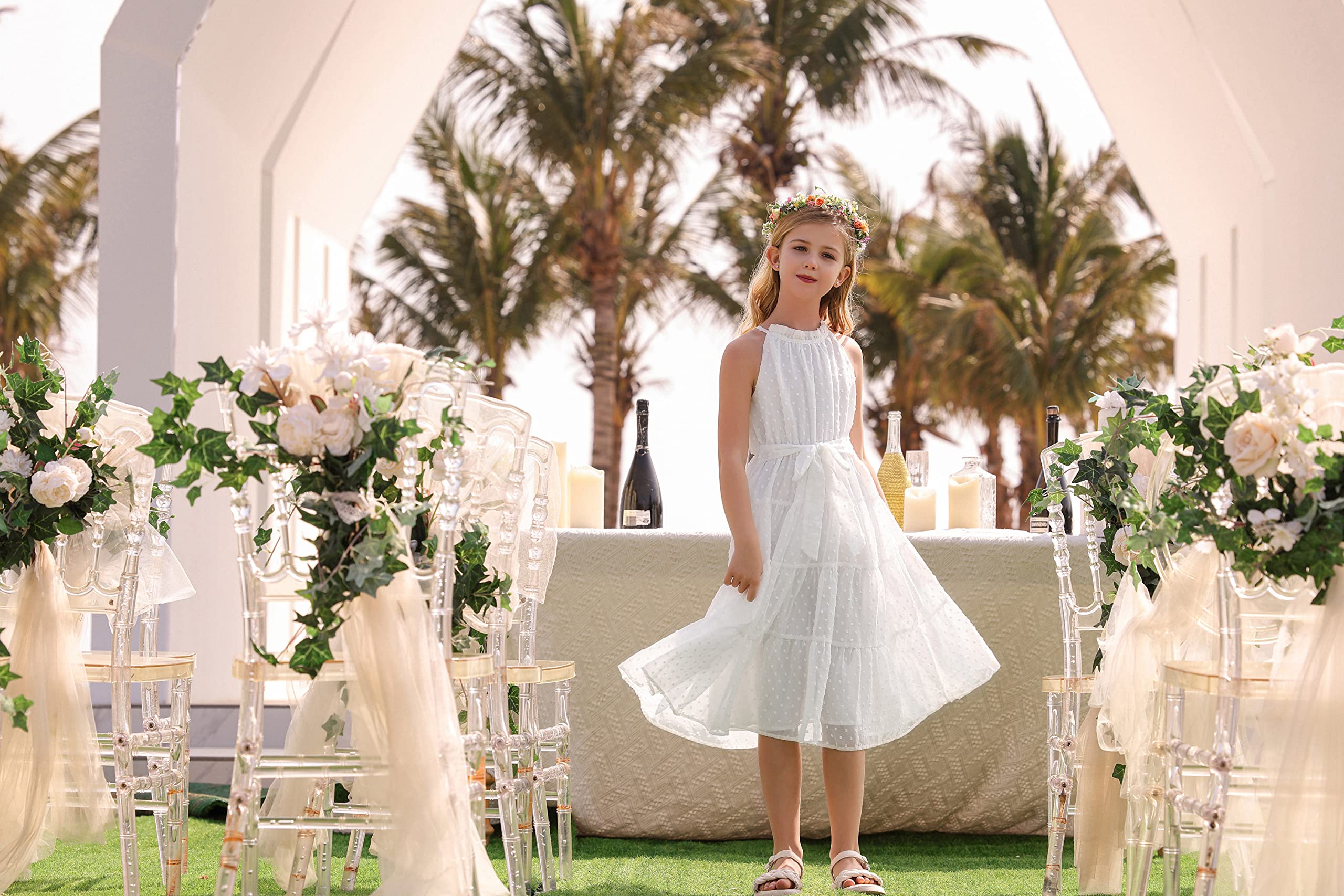GRACE KARIN Robe Princesse Habillée pour Filles A-Line sans Manches Swiss Point avec Ceinture