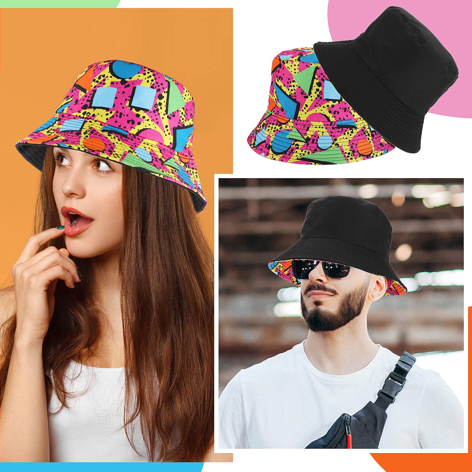 Lusofie Kapelusz typu bucket w stylu retro z lat 80. dla mężczyzn kobiet zabawny kapelusz disco typu bucket na dyskotekę hip-hop impreza dwustronna przenośna czapka z nadrukiem kapelusz rybaka dla
