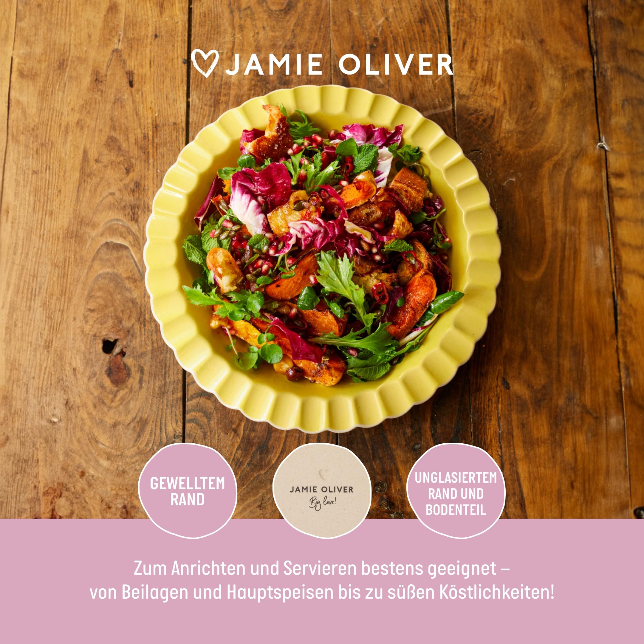 Jamie Oliver Big Love Super Server, Große Steingutschüssel mit Wellenkante, für Pasta & Salate, spülmaschinen- und mikrowellengeeignet, Gelb, 34x5cm
