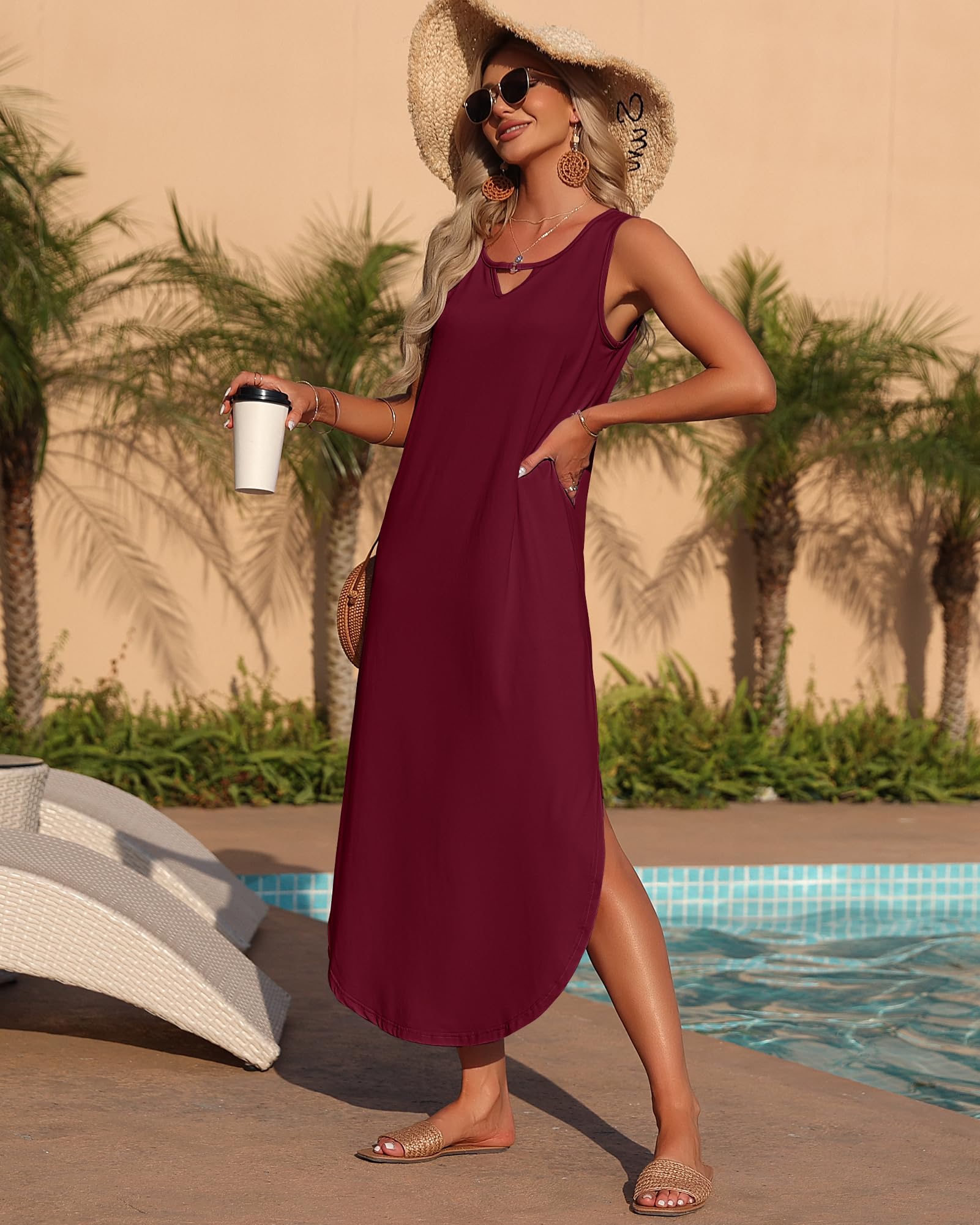 AUSELILY Vestito Donna Estivo Lungo Vestito Maxi Senza Maniche Elegante Abito con Spacco Laterale e Tasche