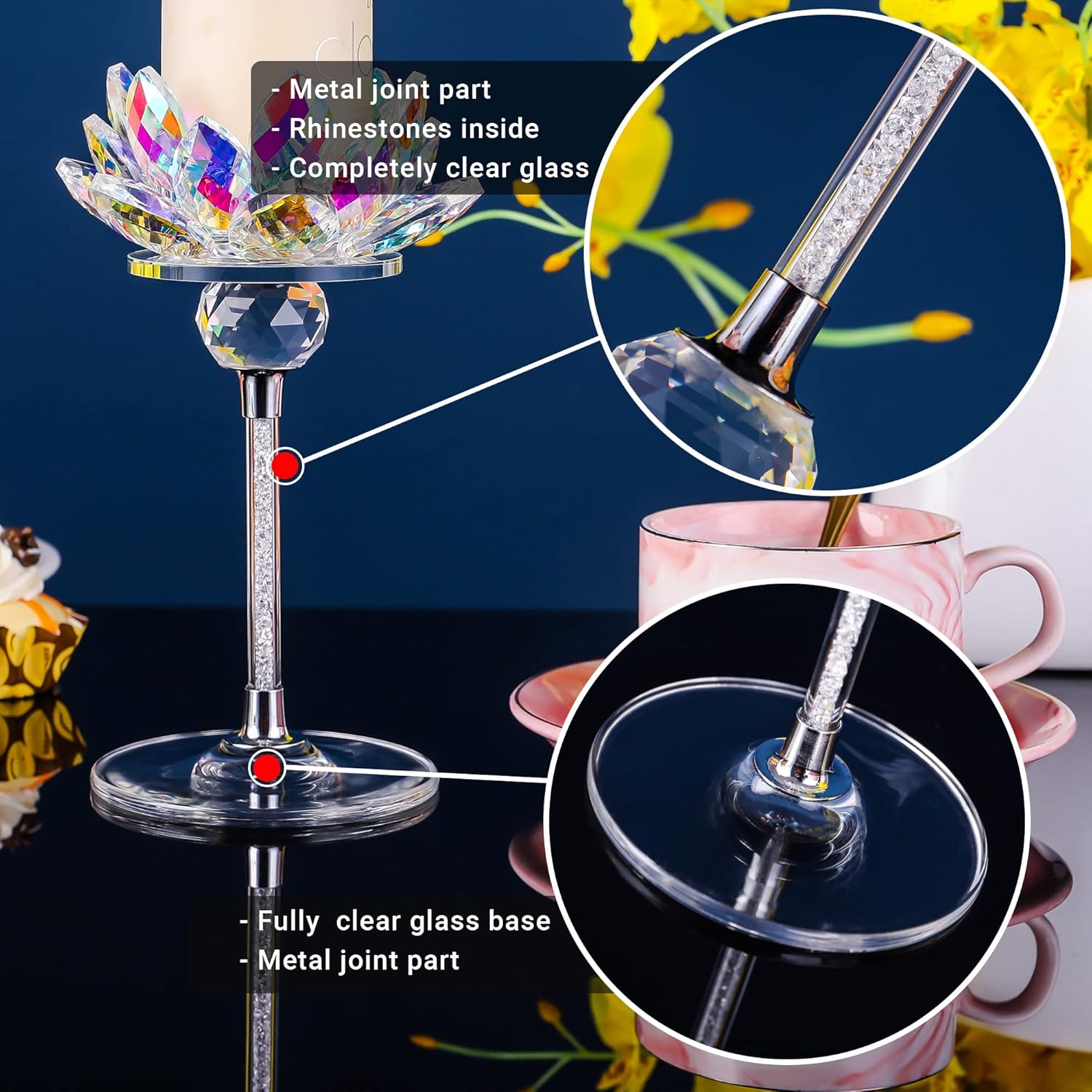 Crystal Candle Holders Set of 2, Lotus Flower Tealight Holders with Clear Glass Base, Rhinestone Stand and Ball, Elegant Table Centerpieces for Home Decor, Wedding, Party