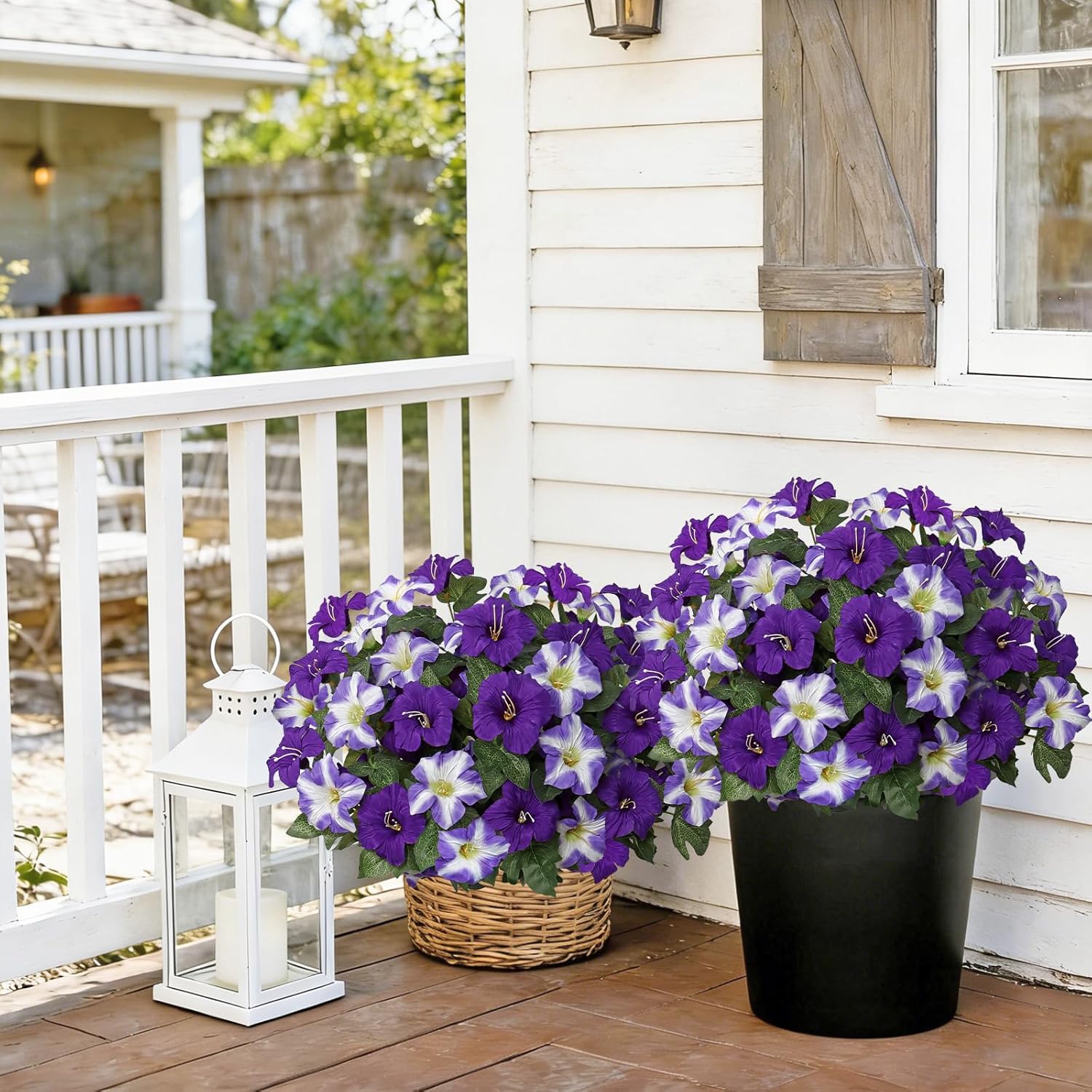 4 Bundles 20.5 inch Long Stem Artificial Flowers for Outdoor, UV Resistant Morning Glory Flower Faux Petunias Fake Flowers for Outdoor Planter Garden Porch Home Indoor Decor (Double Purple)