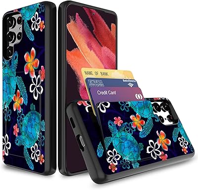 Galaxy S22 Ultra Case,Wallet Case Credit Card Holder Flip Case Full Body Best Protective Soft Hybrid TPU Hard Durable Shockproof for Samsung Galaxy S22 Ultra 5G 6.8',Sea Turtle with Flowers