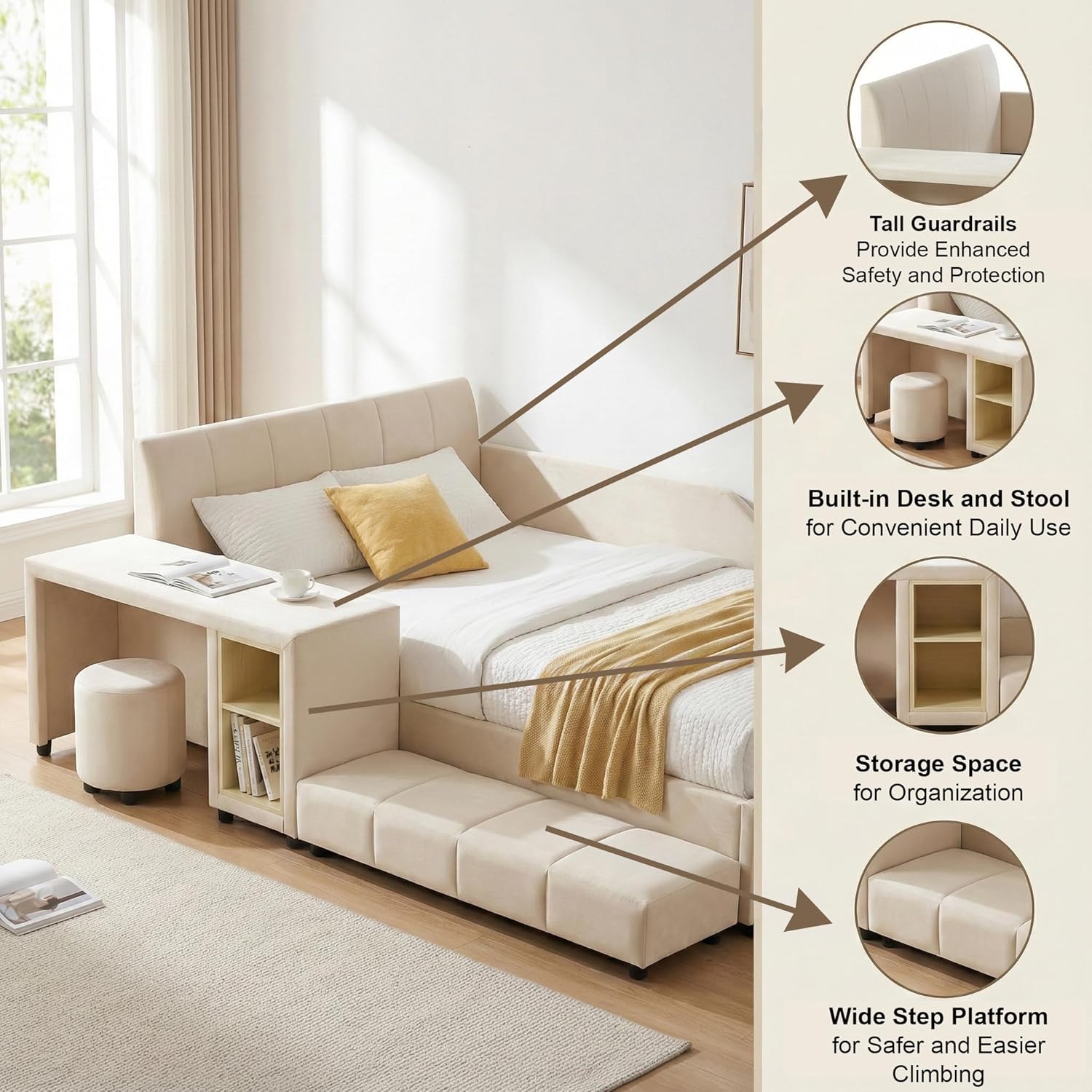 Velvet Upholstered Grounded Platform Bed, Wooden Full Size Mother & Child Bed Frame with Bedside Desk and Little Round Stool, Kids Adults Bedroom Furniture Floor Bed Platform (Beige)