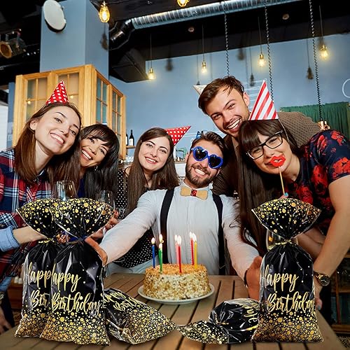 Miniatura 6 de Leinuosen 100 bolsas de feliz cumpleaños, pequeñas bolsas de celofán negro y dorado con 100 lazos dorados, embalaje de galletas para suministros de