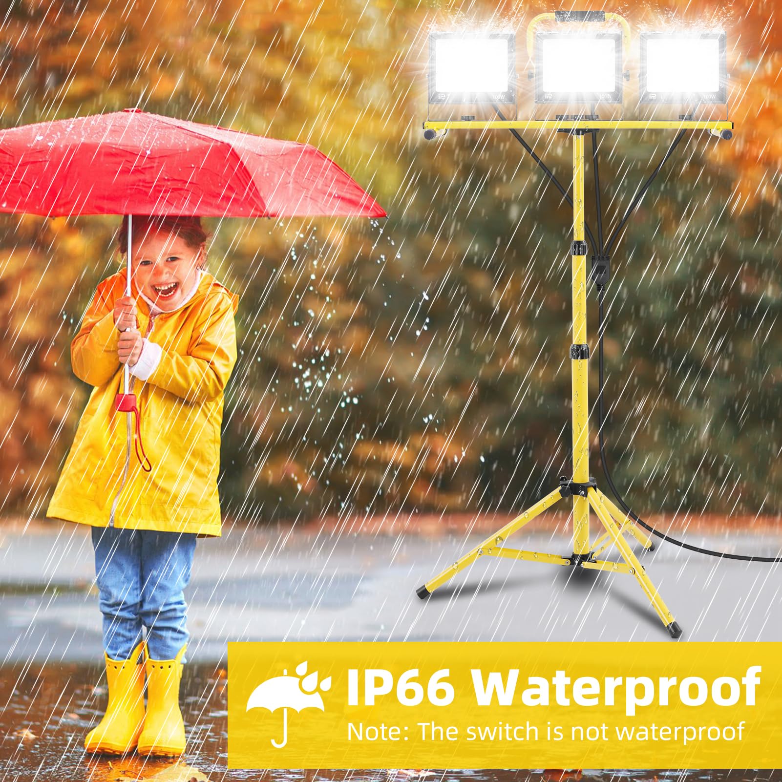 papasbox 300W LED Baustrahler mit Stativ Stecker und Schalter | Baustellenlampe 6500K Kaltweiß Baustellenstrahler | IP66 Wasserdicht Arbeitsleuchte 300W 150W 90W Baulampe für Werkstatt Baustelle
