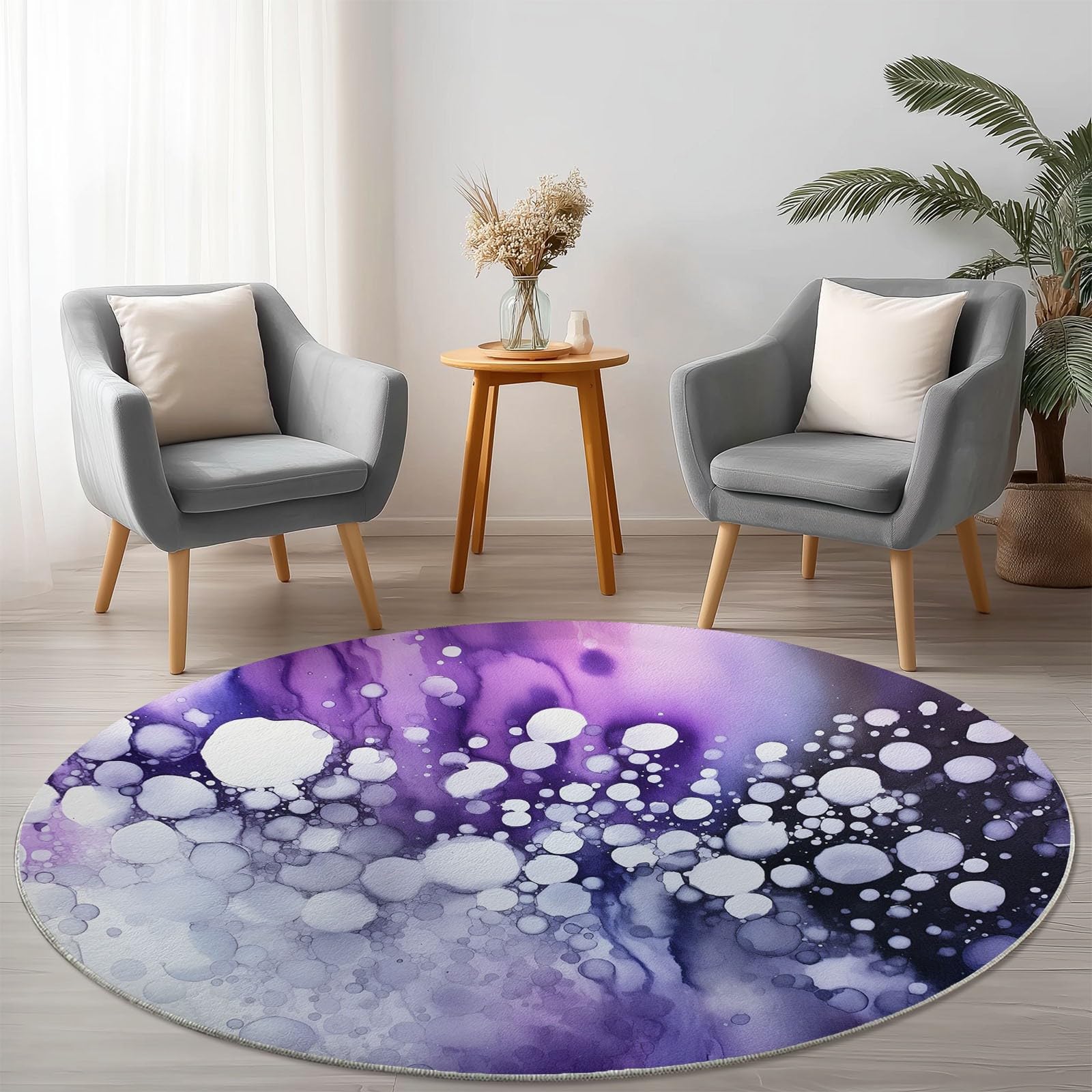 Washable Round Rugs Abstract Living Room Non Slip, 90 cm Round Area Rug Short Pile Bedroom Circle Carpet Soft Faux Wool Rugs for Kids Room Dining Room Decor, Purple Bubbles Fluid