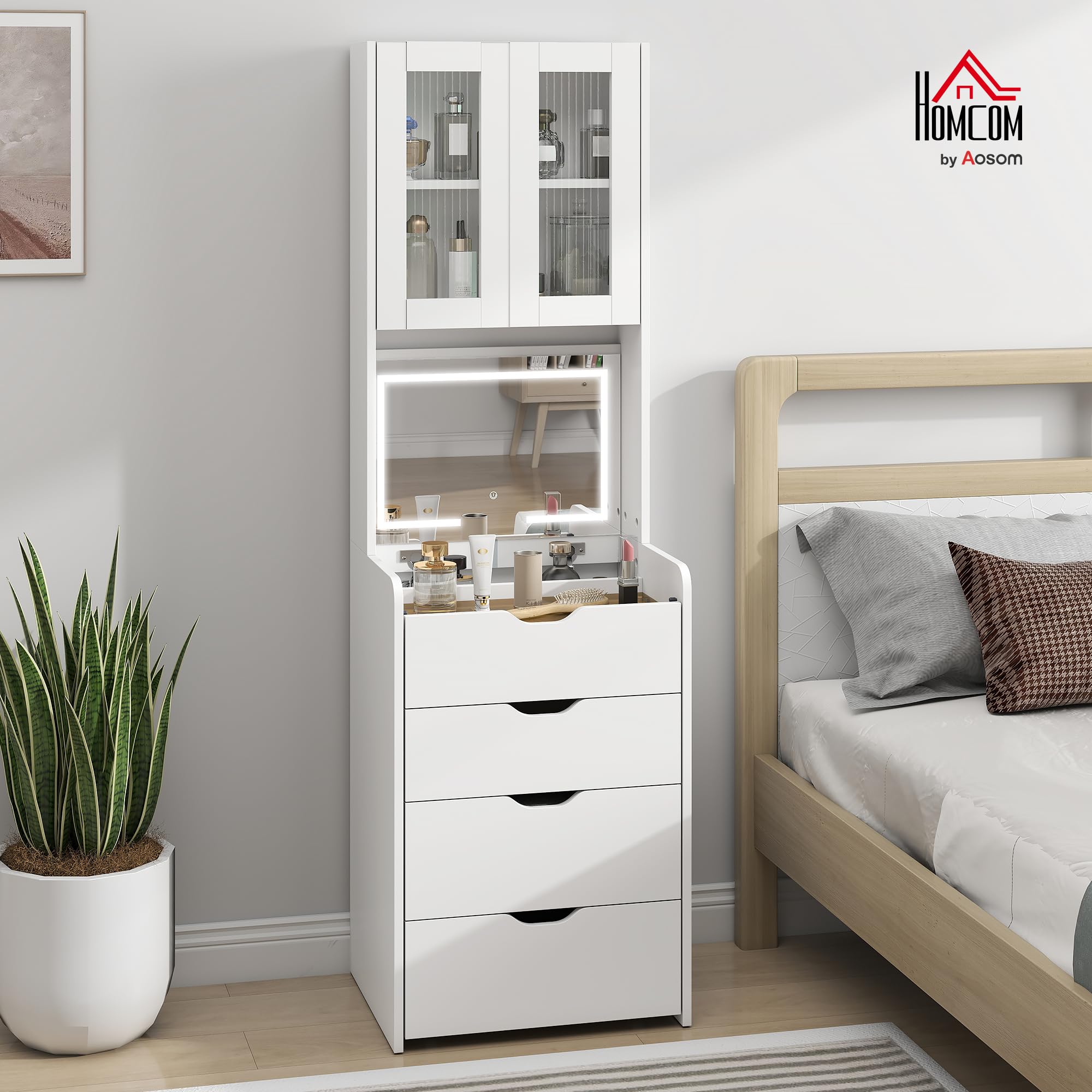 HOMCOM Postazione Trucco con Luci LED a 3 Colori, Specchio a Ribalta, Toeletta Trucco Moderna con Sgabello Imbottito a Scomparsa, 3 Cassetti, Armadietto con Ante in Vetro, Scomparto, Bianco