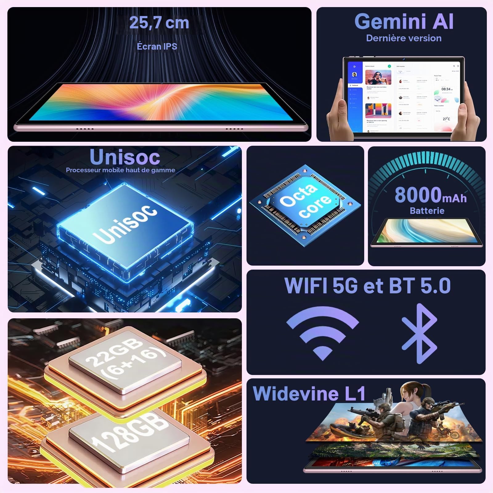 Nouvelle Tablette 10 Pouces Android Gemini AI, 22Go RAM+128Go ROM(TF/2To), Octa-Core 2.0Ghz, 5G+2.4G WiFi, 8000mAh Batterie, GMS, Widevine L1, BT 5.0, Tablettes Tactile avec Clavier Souris - Or rose