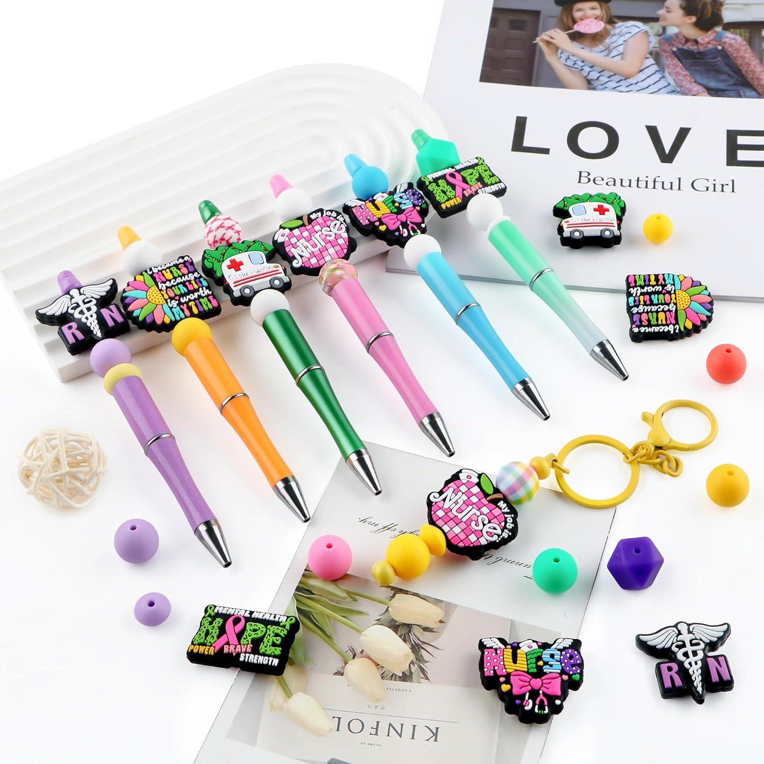 Lovymi 12PCS Medical Silicone Focal Beads for Pens, Bowknot Nurse Silicone Beads for Keychain Making DIY Handicraft - Image 3