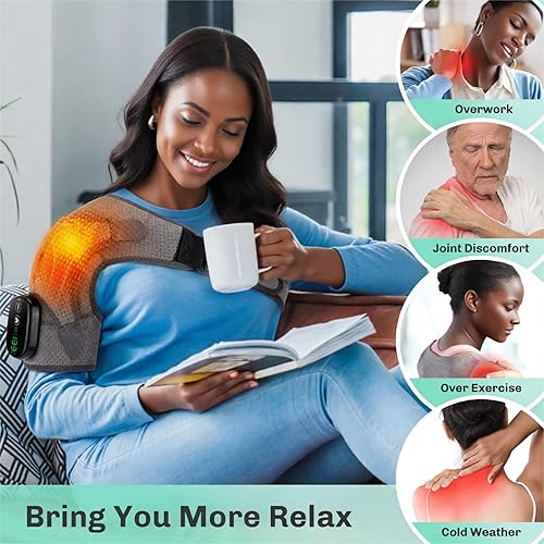 Miniatura 6 de Envoltura de hombro térmica inalámbrica con vibración, alivio del dolor para hombros, cuello y hombros congelados, alivia la fatiga, promueve un
