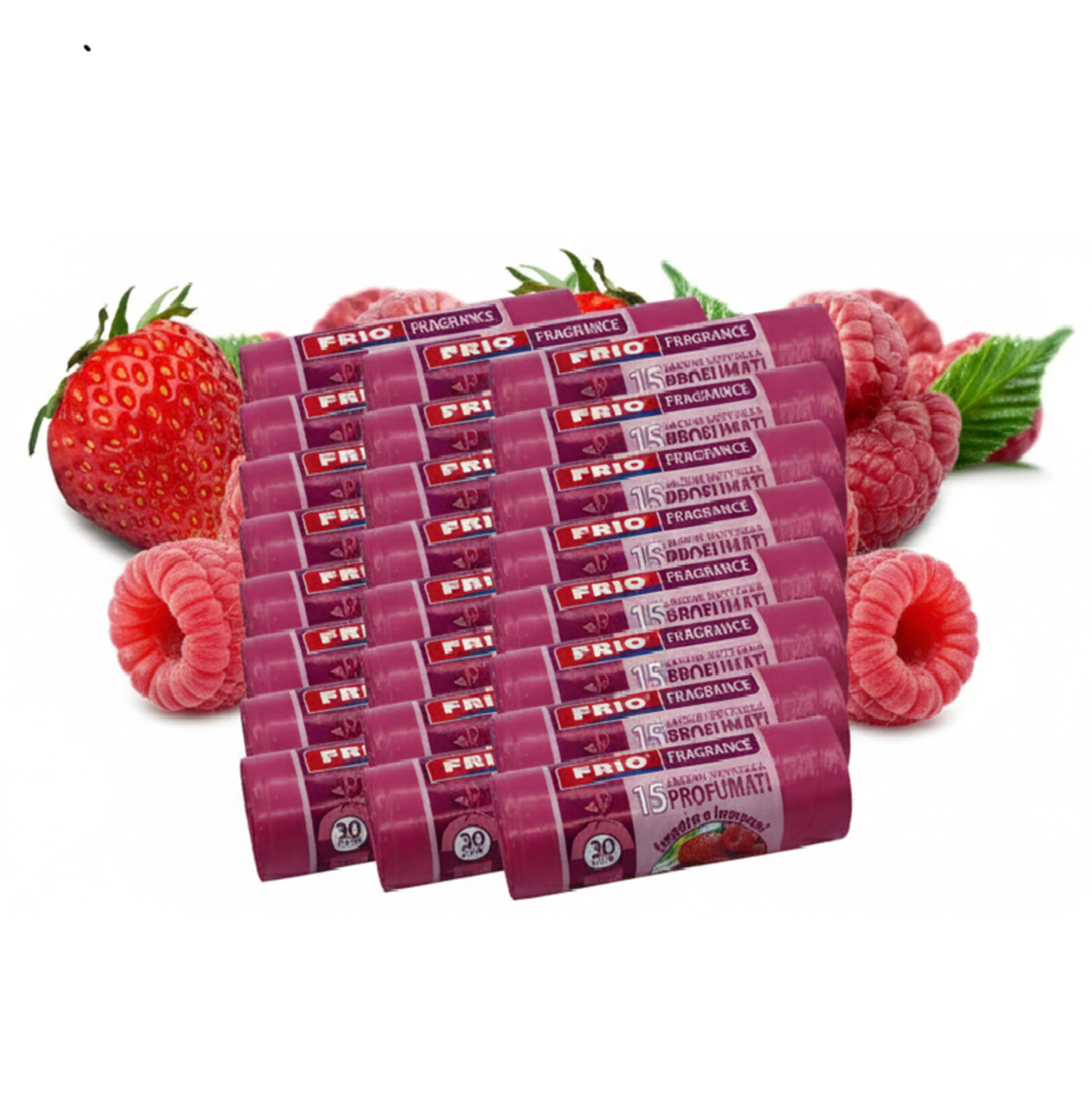 FRIO Aroma – 360 sacs poubelle parfumés 30 L, 24x15 unités, rose | Parfum Fraise & Framboise | 52x58 cm | Sacs solides petits pour cuisine et tri sélectif