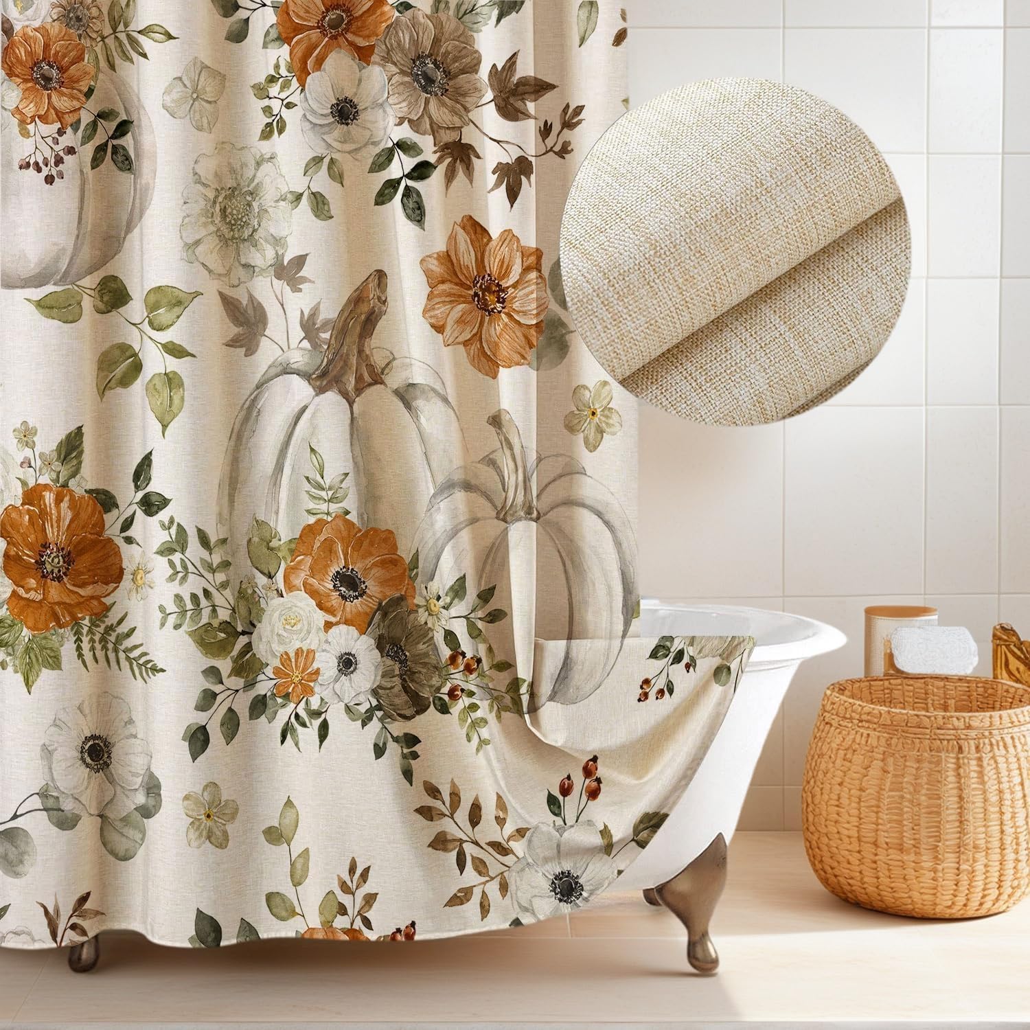 Fall Floral Pumpkins Linen Shower Curtain Autumn Botanical Fabric Shower Curtain Set with Hooks, Thanksgiving Harvest Shower Curtains for Bathroom, 71x84 Bath Curtain