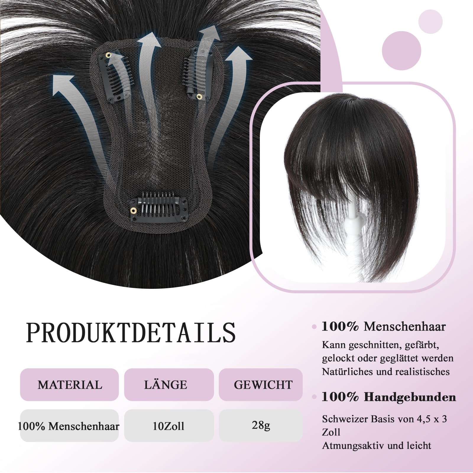Toupet in capelli umani per donne con frangia, cuciti a mano con copertura 360° 3D, naturali per capelli sottili - Parrucche per donne (Nero Naturale)