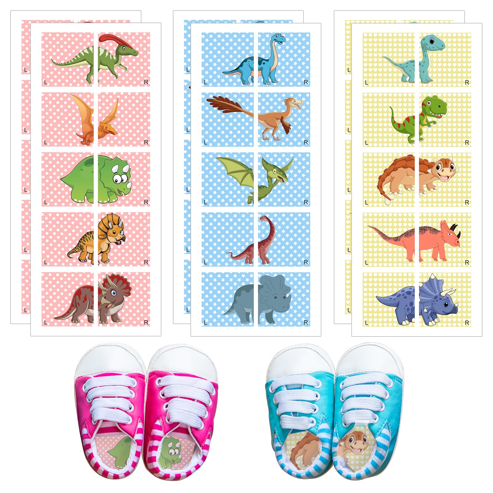 Peacoblue Pegatinas de Zapatos para Aprender Izquierda Derecha, Etiquetas Adhesivas de Dinosaurios 100 unidades (50 pares) para Ayudar A Ponerse los Zapatos
