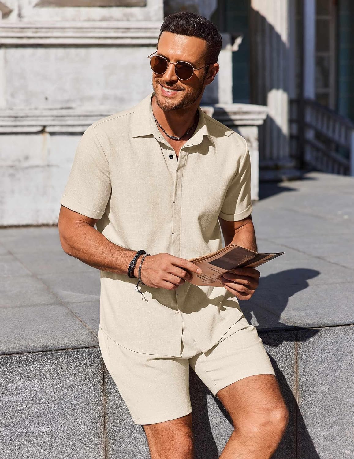 COOFANDY Men's Summer Beach Outfits 2 Piece Short Sleeve Shirts and Shorts Vacation Texture Linen Sets for Men - Image 3