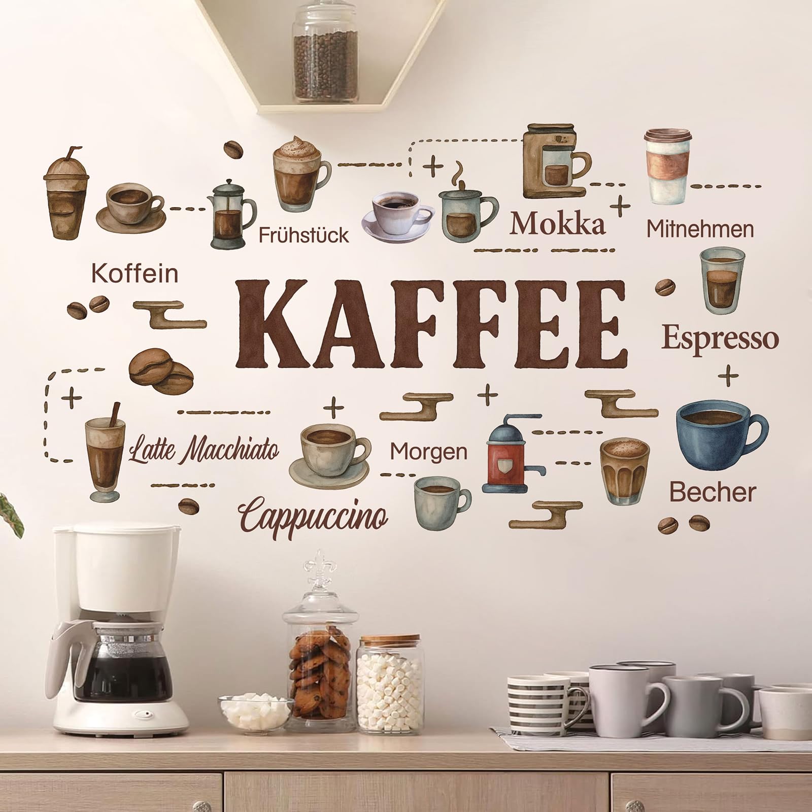 KAIRNE Kaffee Wandaufkleber Retro Kaffee Wandbild für Café Kaffeebohnen Braun Wandsticker Sprüche Aquarell Verschiedene Kaffeegetränke für Esszimmer Wohnzimmer Restaurant Cafés Wanddeko