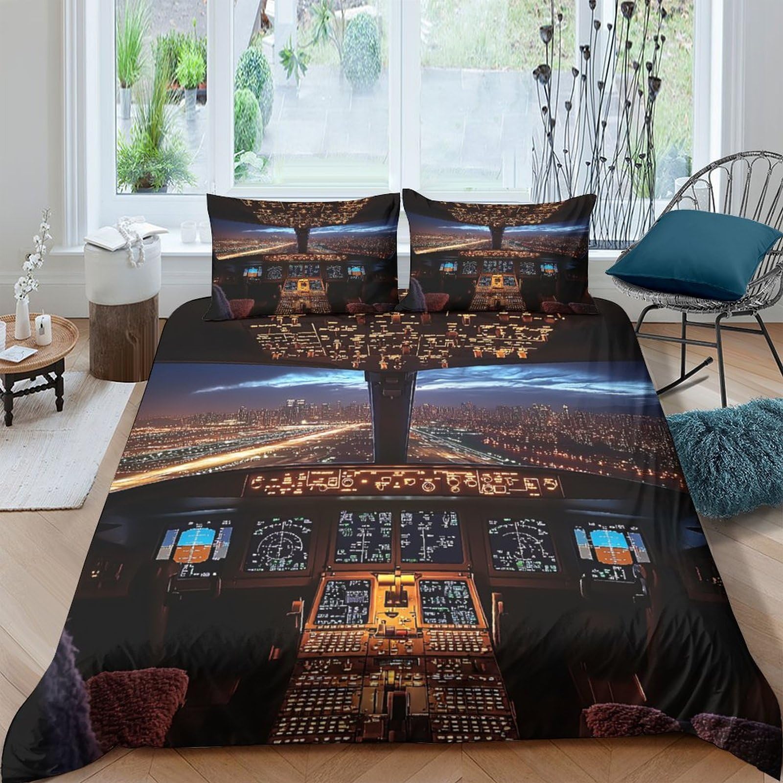 Ctjqhvkz Style-2 3D Printed Cockpit Night View Fitted Sheet Microfiber Soft Breathable Airplane Window Bed Cover For Bedroom Dorm Mattress Protection Decor Single（135X200cm）