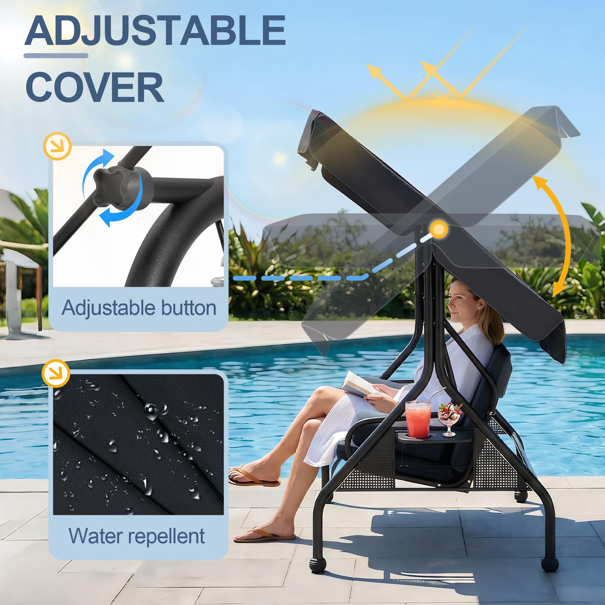 UISEBRT Columpio de jardín de 3 plazas con función reclinable, 2 cojines, 2 bandejas, banco para exteriores, soporta hasta 350 kg, para jardín, piscina, terraza, antracita
