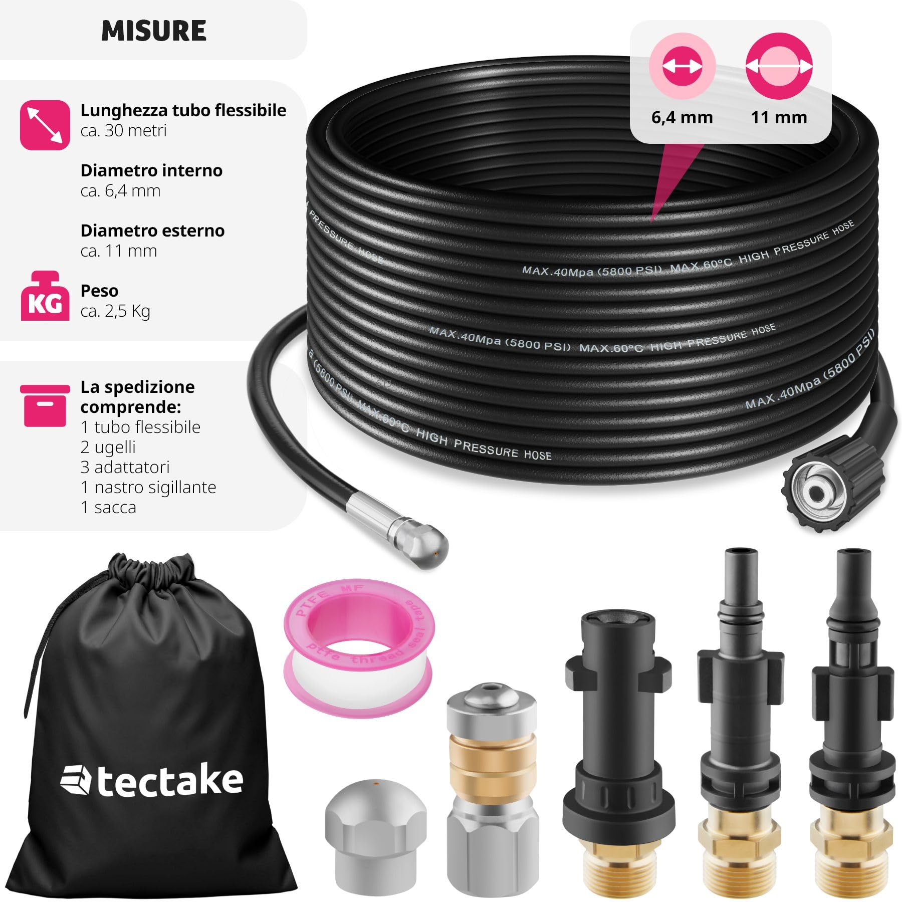 tectake® Set 8 Pezzi Tubo Sturatore con Ugelli in Acciaio Inossidabile, Adattatori Universali, Sonda Sturatubi Idropulitrice, Sonda Stura Lavandini e Scarichi con Isolante e Sacco Contenitore - 30 m