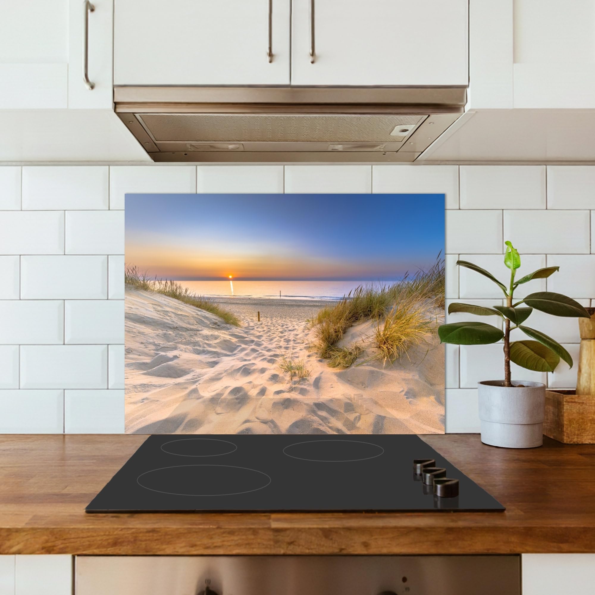 KitchenYeah© Credence Cuisine 50x70 cm Adhesif Protection Mur Plaque De Cuisson Plastique Rigide Revetement Murale À Coller Dune - Coucher soleil - Horizon - Plage - Herbe