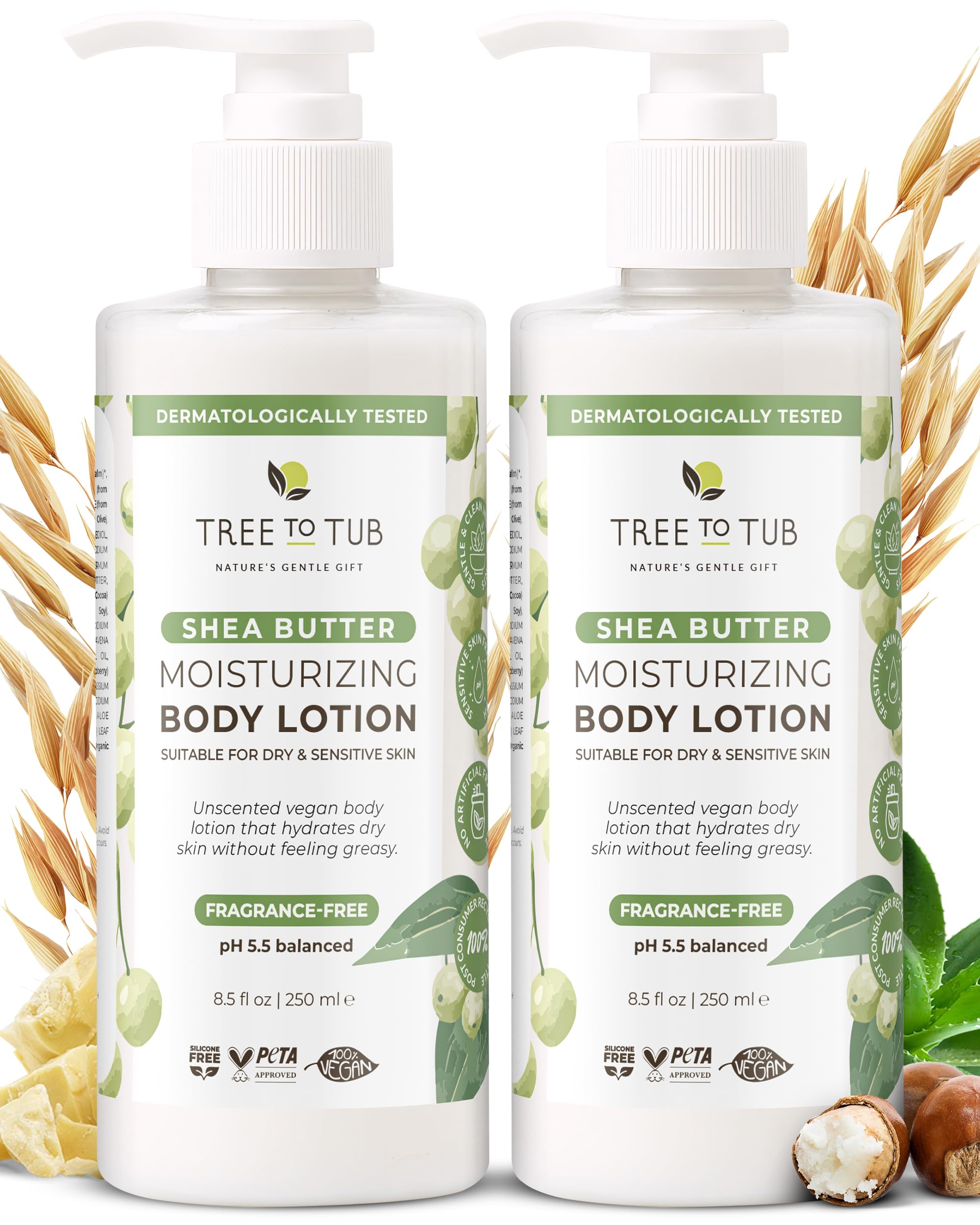 Tree to Tub Unscented Shea Butter Body Lotion for Dry Skin - Fragrance Free Lotion,Vegan Body Moisturizer, Good for Sensitive Skin for both Women & Men 2 Pack
