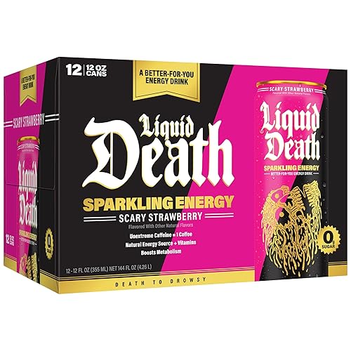 Miniatura 5 de Liquid Death Energía con gas, fresa aterradora (sabor a fresa y limón), bebida energética sin azúcar, cafeína moderada 100 mg, vitaminas esenciales,
