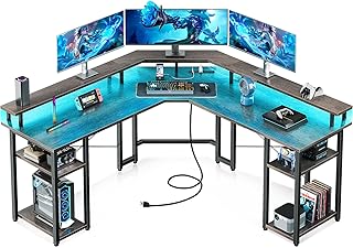 Coleshome L Shaped Gaming Desk with LED Lights & Power Outlets, Reversible 56" Computer Desk with Full Monitor Stand & Storage Shelves, Ergonomic Home Office Corner Desk, Gray Oak