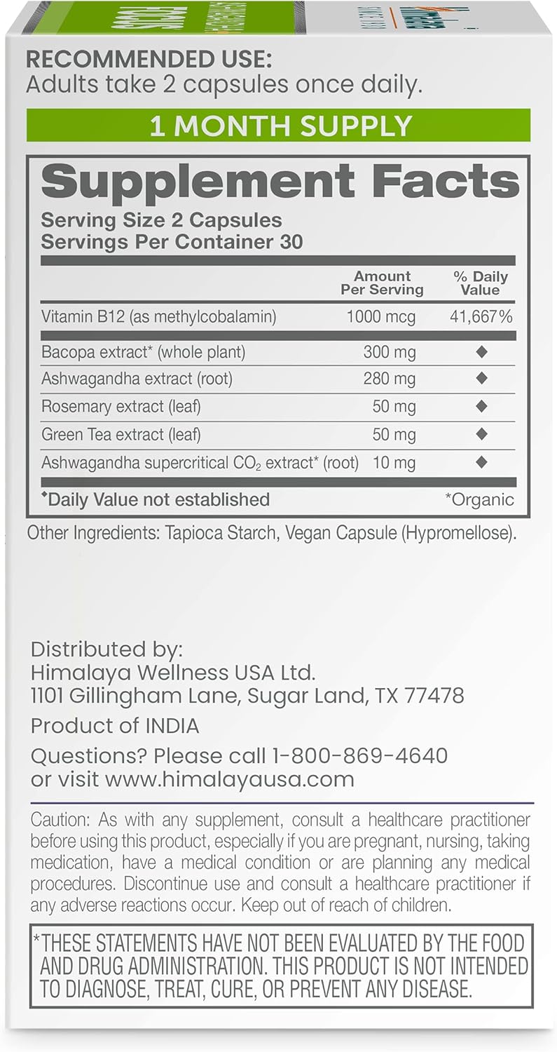 Himalaya Ashwagandha+ Focus - Herbal Focus Supplement with B12, Rosemary, Green Tea, and Bacopa Nootropics for Memory and Clarity - Vegan, Non-GMO, Gluten Free, 1690 mg, 60 Caplets