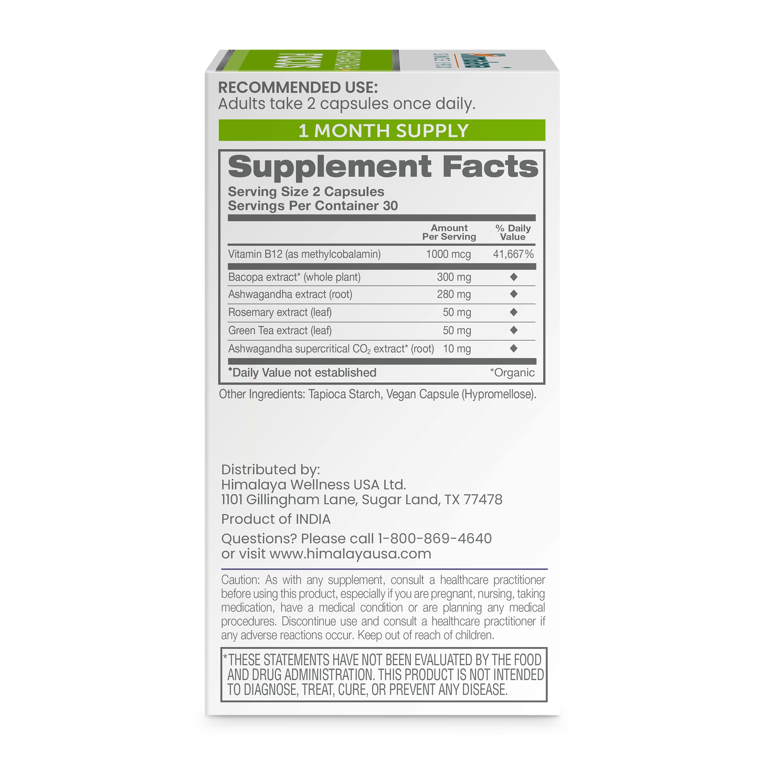 Himalaya Ashwagandha+ Focus - Herbal Focus Supplement with B12, Rosemary, Green Tea, and Bacopa Nootropics for Memory and Clarity - Vegan, Non-GMO, Gluten Free, 1690 mg, 60 Caplets — Amazon image 2
