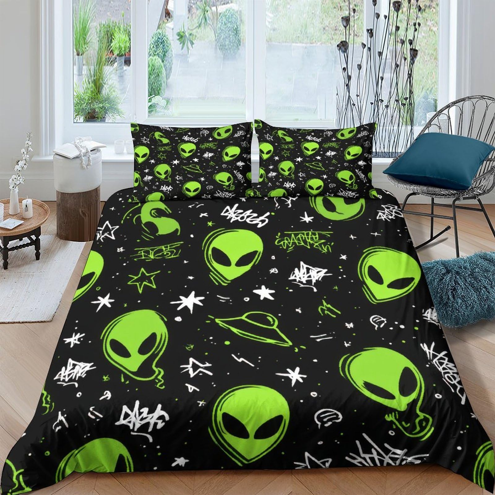 Ctjqhvkz Style-3 3D Printed Alien Space Fitted Sheet Microfiber Green Ufo Bed Cover For Bedroom Dorm Mattress Protection Decor Single（135X200cm）